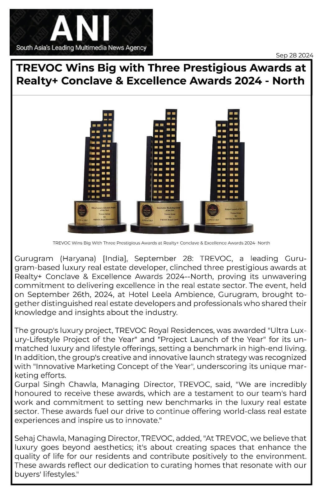 TREVOC Wins Big with Three Prestigious Awards at Realty+ Conclave & Excellence Awards 2024 - North