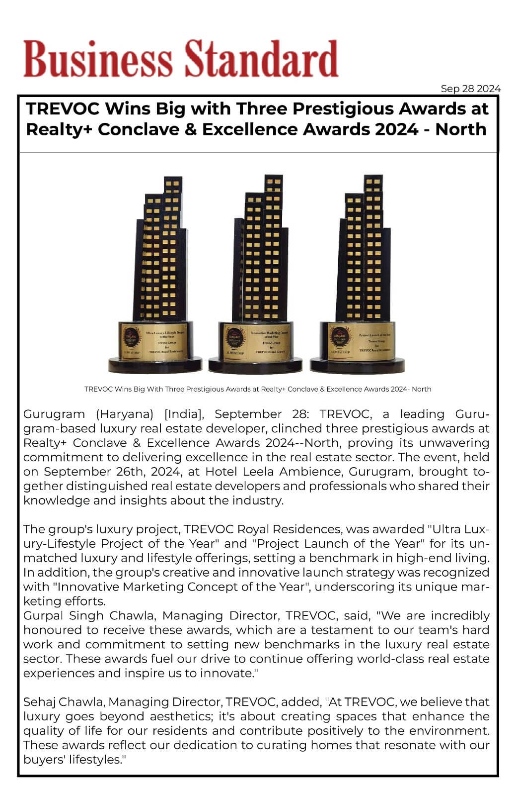 TREVOC Wins Big with Three Prestigious Awards at Realty+ Conclave & Excellence Awards 2024 - North