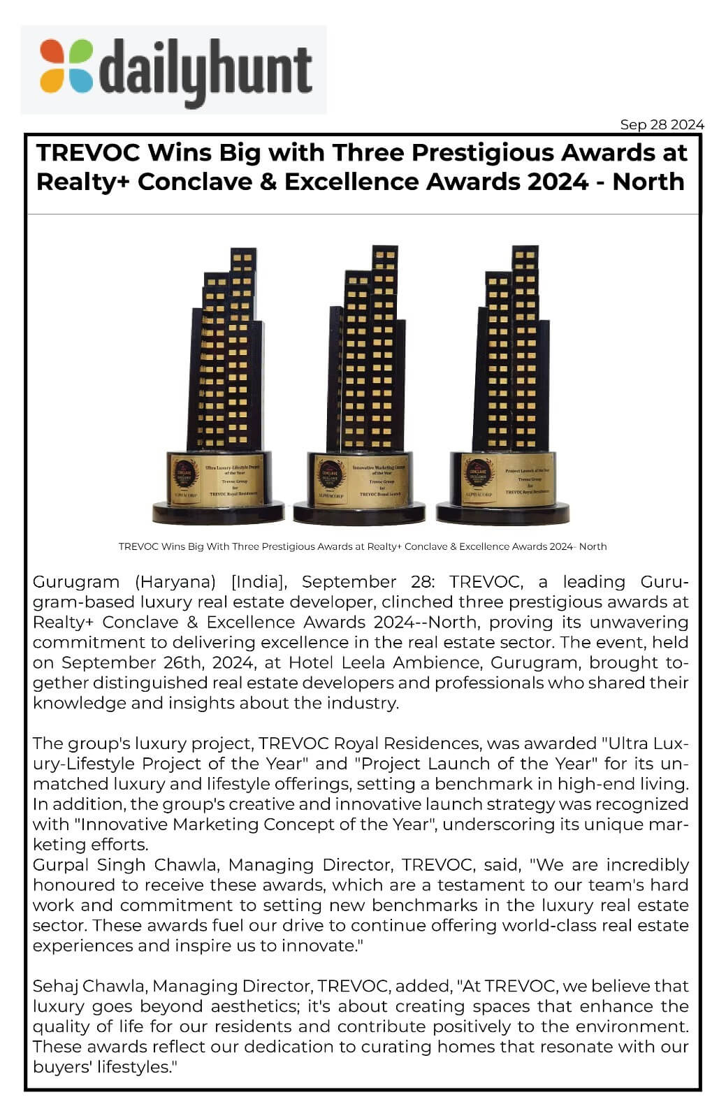TREVOC Wins Big with Three Prestigious Awards at Realty+ Conclave & Excellence Awards 2024 - North