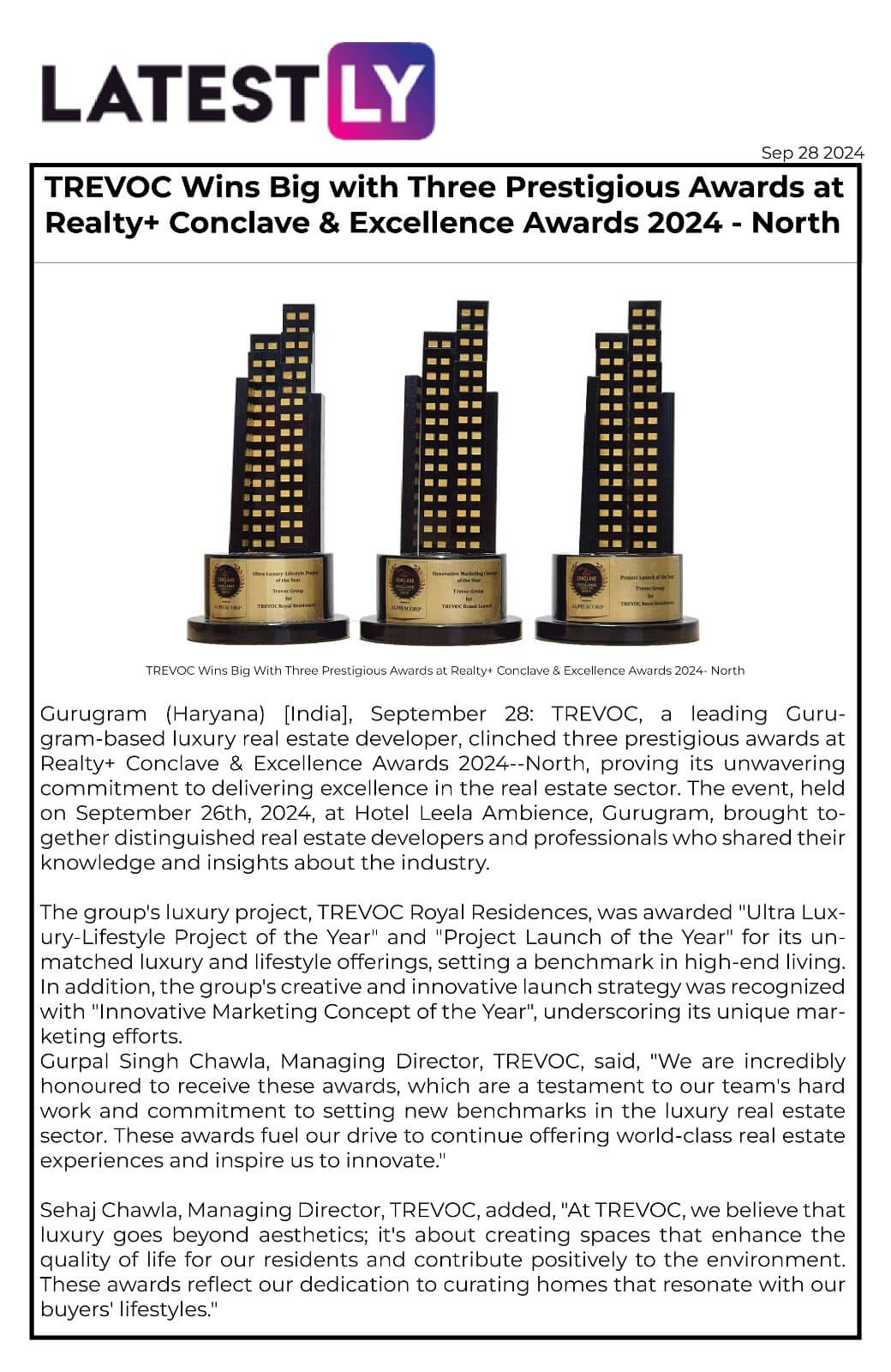 TREVOC Wins Big with Three Prestigious Awards at Realty+ Conclave & Excellence Awards 2024 - North