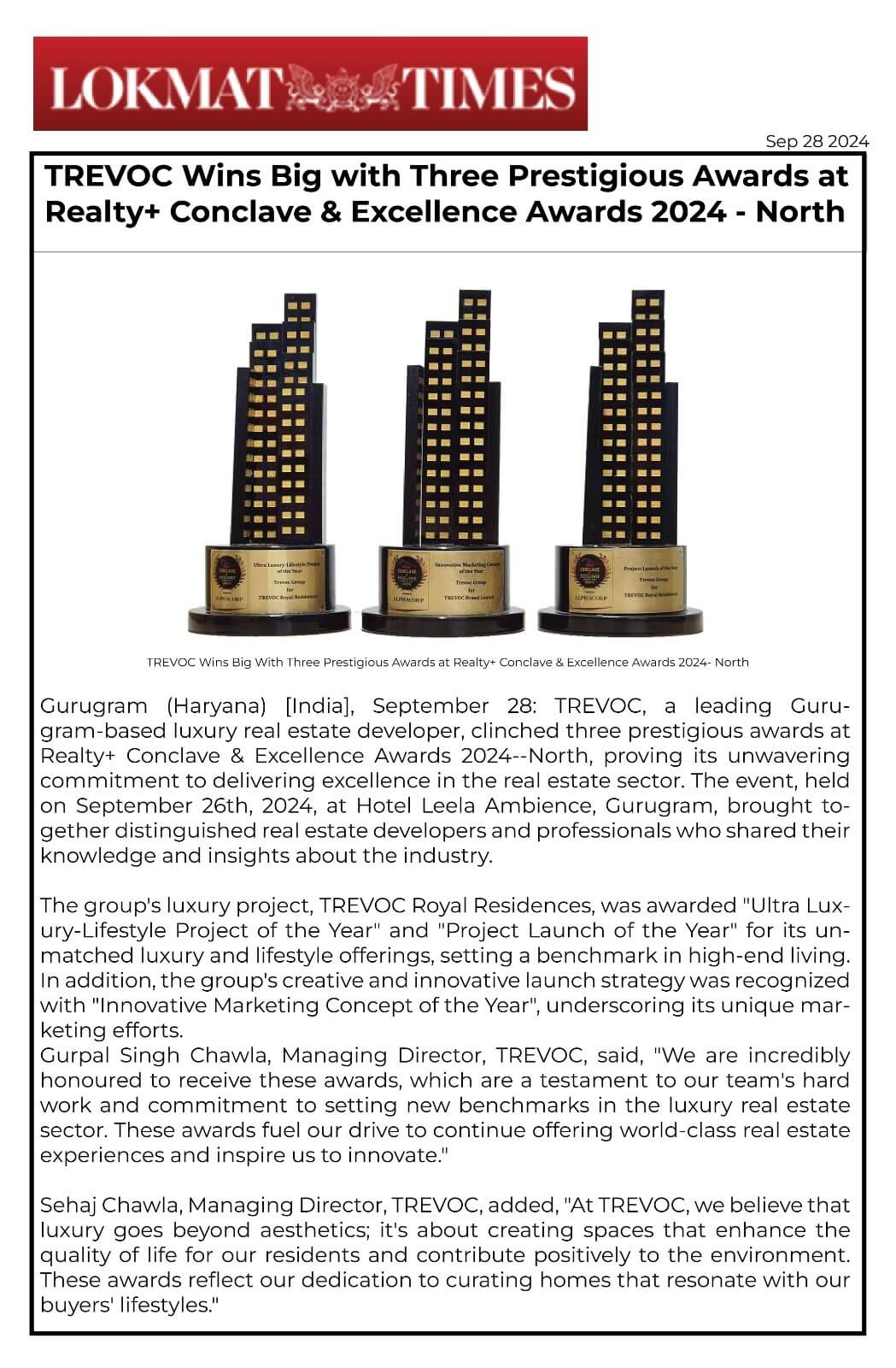 TREVOC Wins Big with Three Prestigious Awards at Realty+ Conclave & Excellence Awards 2024 - North