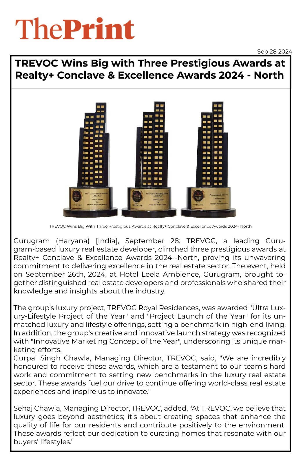 TREVOC Wins Big with Three Prestigious Awards at Realty+ Conclave & Excellence Awards 2024 - North