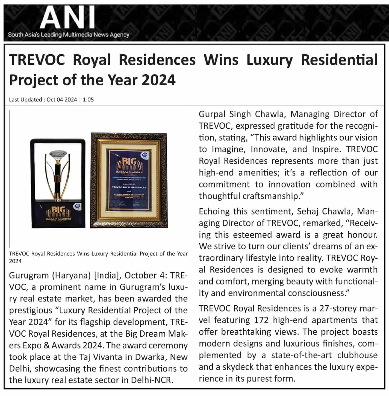TREVOC Royal Residences Wins Luxury Residential Project of the Year 2024