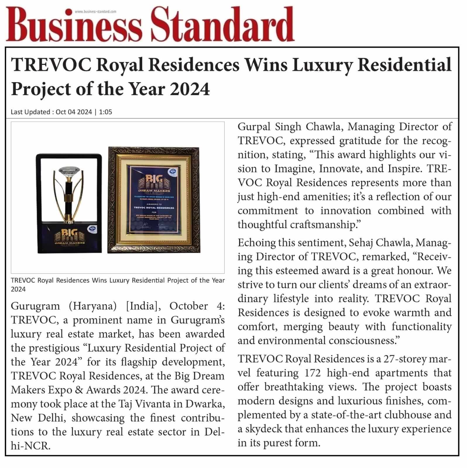 TREVOC Royal Residences Wins Luxury Residential Project of the Year 2024