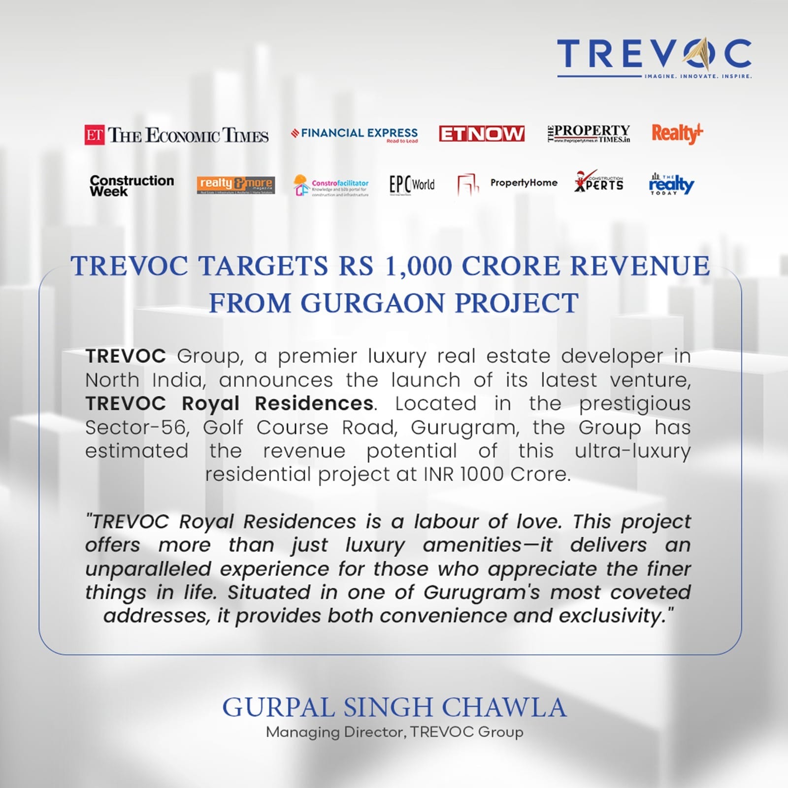 TREVOC Group launches ultra luxury residential project in Gurugram, targets Rs 1000 cr topline